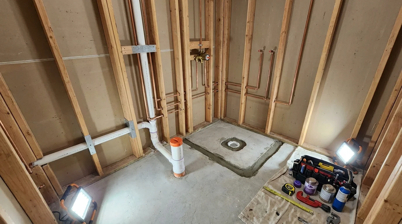 Bathroom rough-in plumbing during remodel by Johns Plumbing LLC in Whitehouse Station