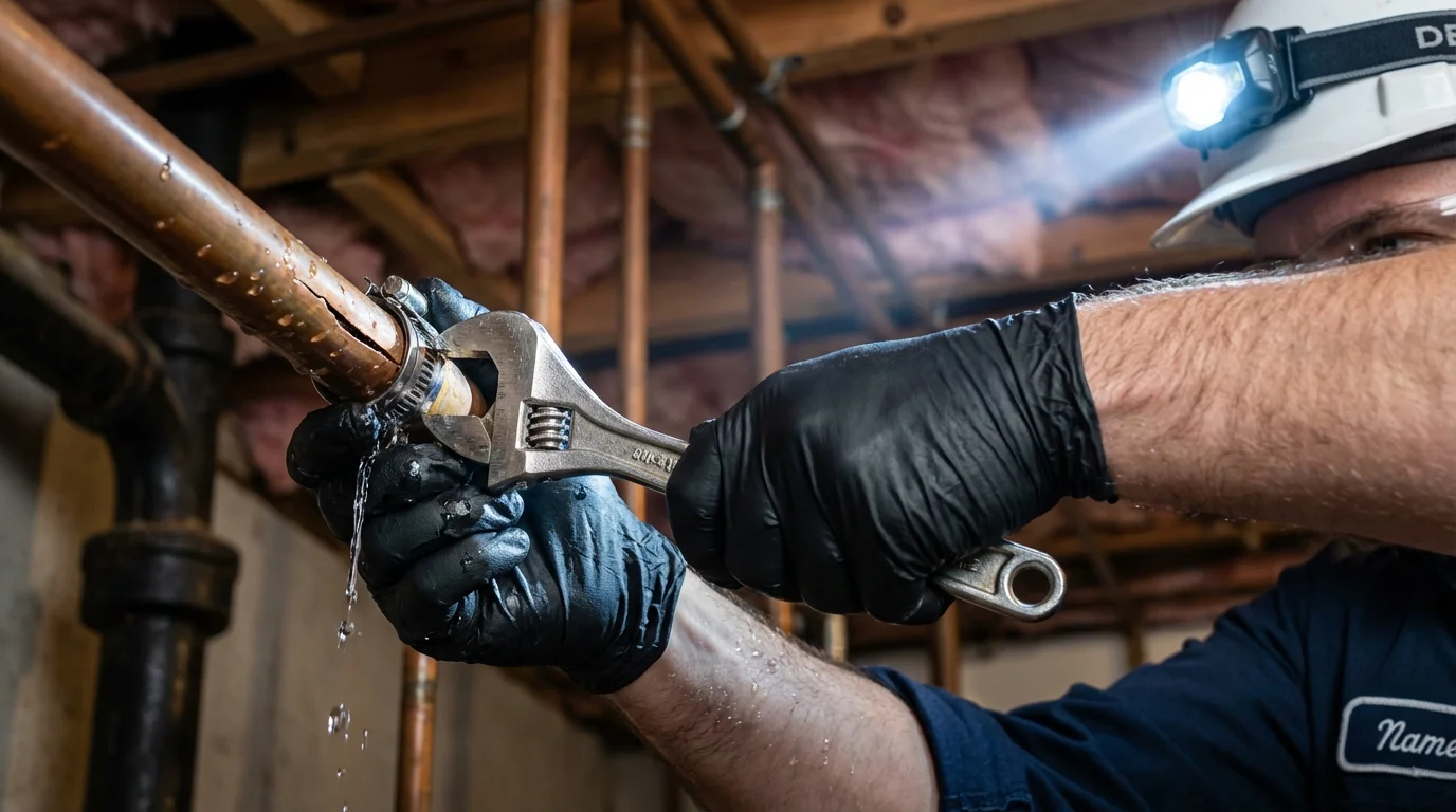 Emergency pipe clamp repair being performed by a Johns Plumbing LLC plumber in Whitehouse Station