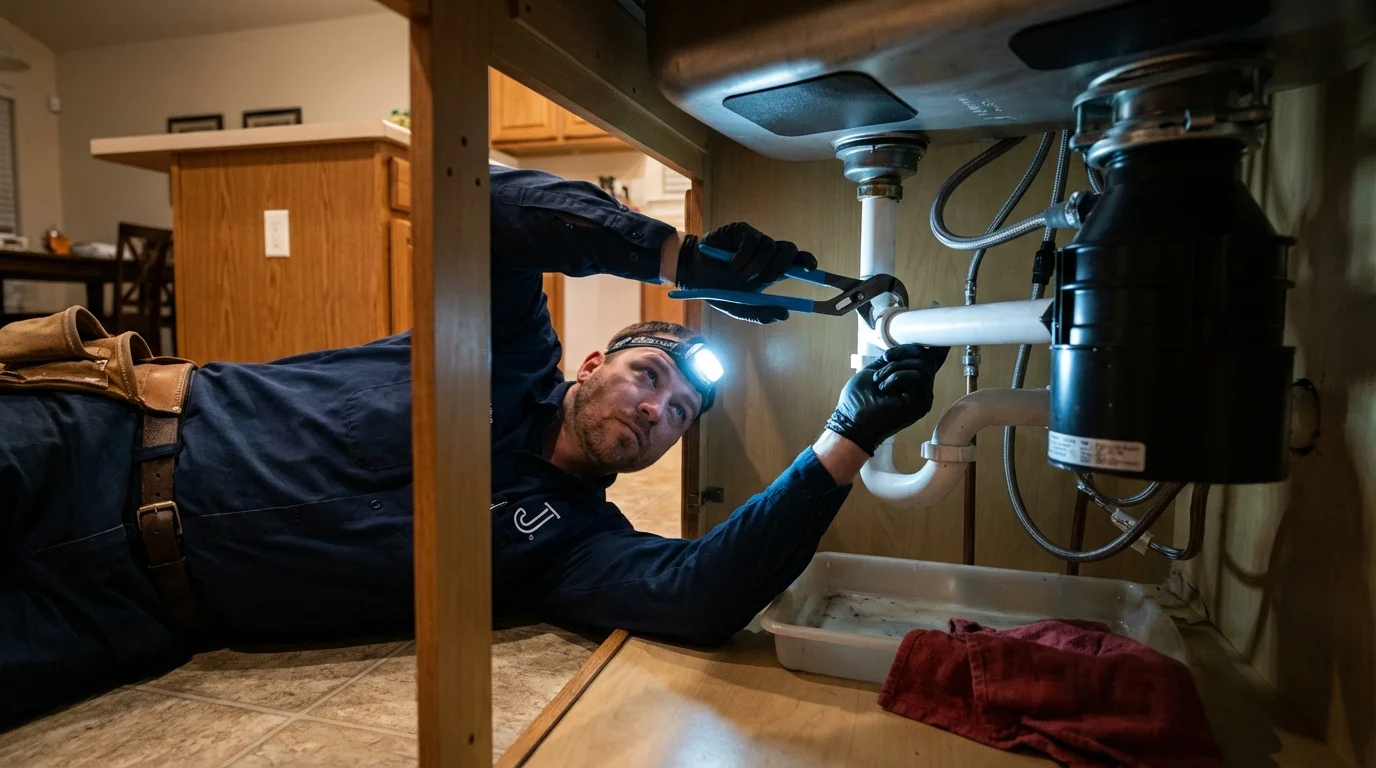 P-trap and supply line connections under a kitchen sink showing a common leak point in Whitehouse Station, NJ